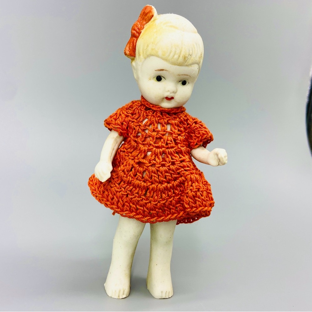 Antique Bisque Porcelain Penny Doll in Crochet Dress Made in Japan